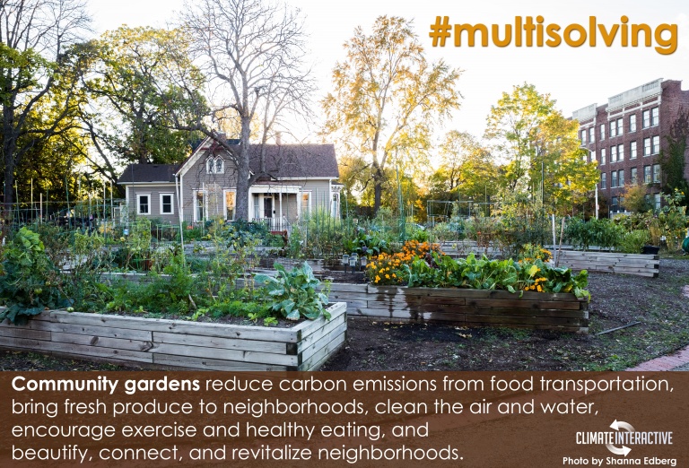 Community gardens reduce carbon emissions from food transportation, bring fresh produce to neighborhoods, clean the air and water, encourage exercise and healthy eating, and beautify, connect, and revitalize neighborhoods.